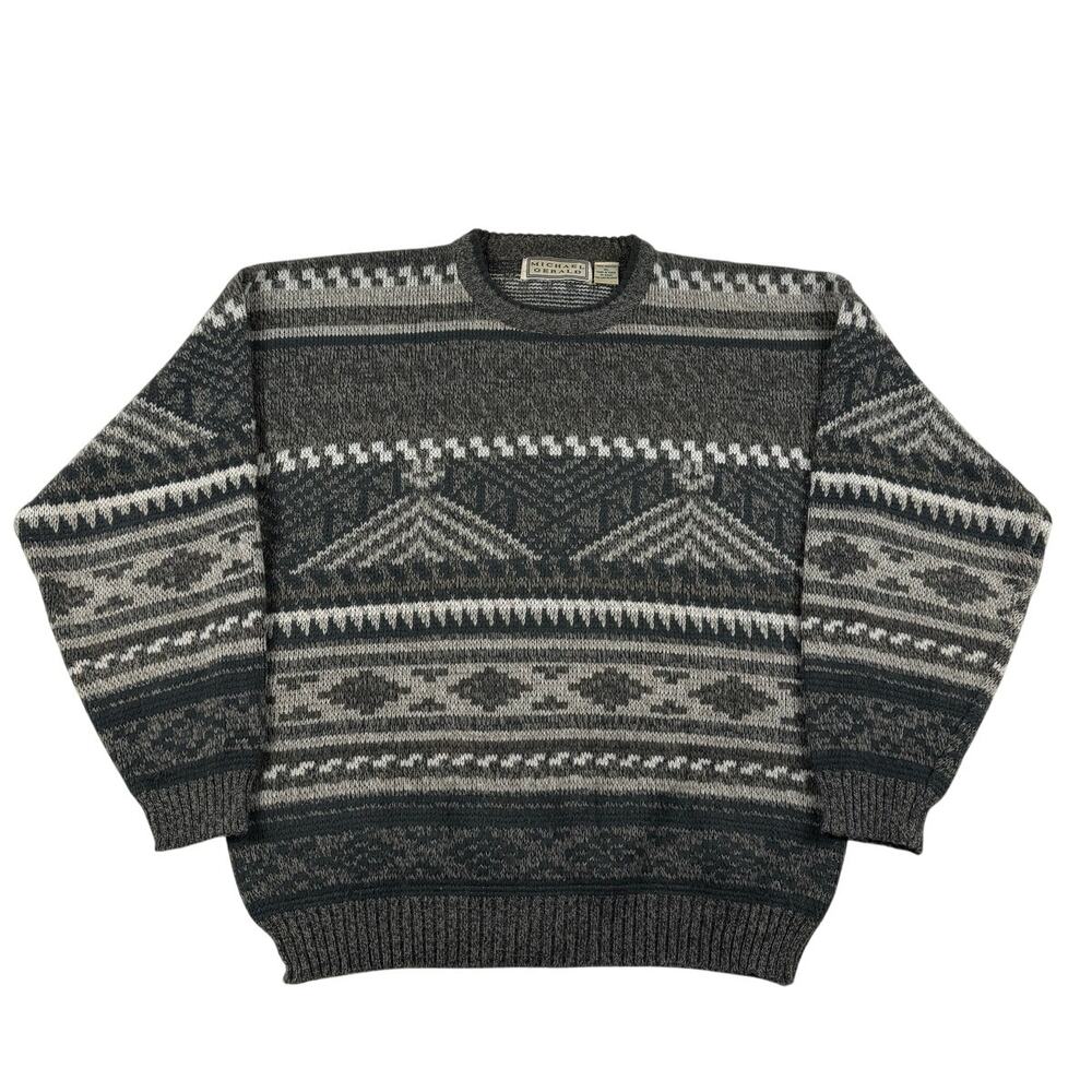 Vintage Gray Aztec Western Abstract Pattern Michael Gerald 90s Sweater Size XL